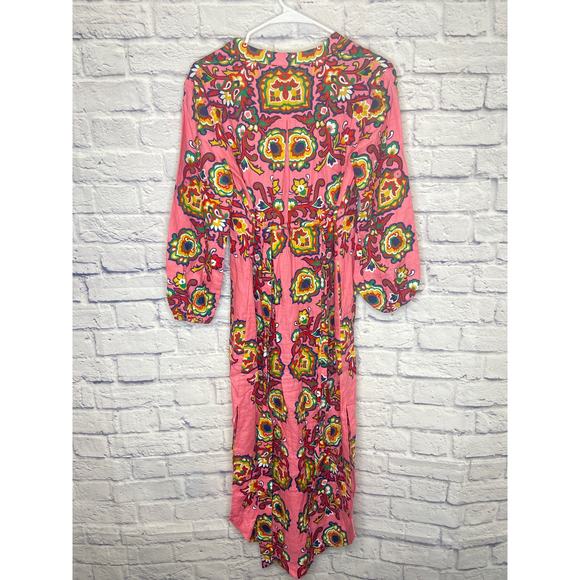 Boden Pink Multicolor Floral Print Midi Dress Bubble Sleeve Side Slit SZ 2 - Picture 4 of 5